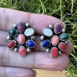 Navajo Foster Yazzie Clip Earrings 1" Multicolor Gem Clusters 925 Sterling 10.9g